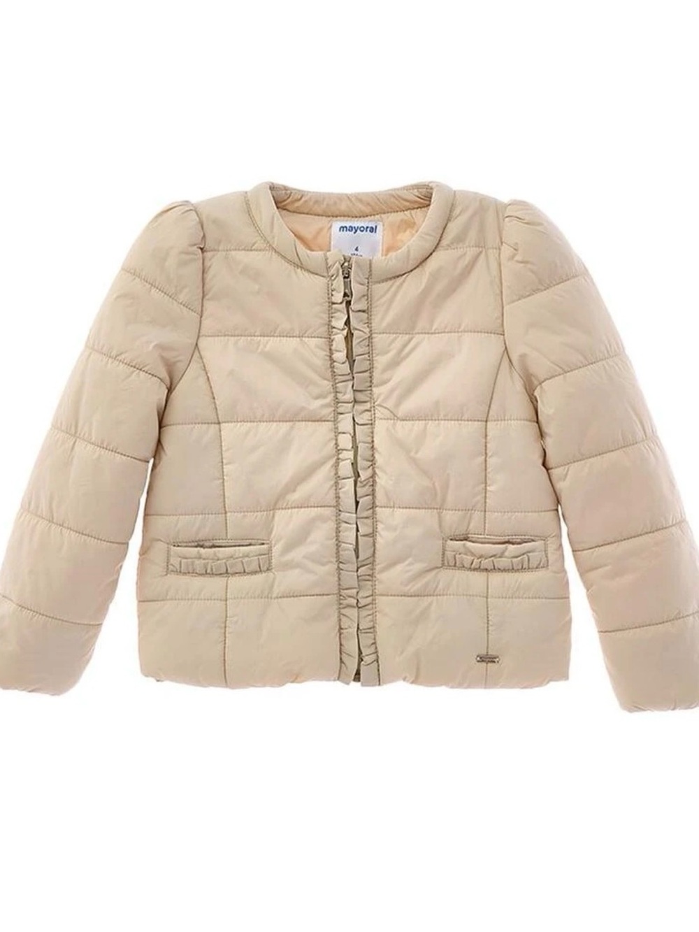 Mayoral Girls Beige Quilted Puffer Jacket with Ruffle Trim | Size 9 years